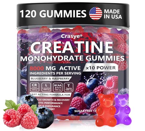 Crasye Creatine Monohydrate Gummies 5000 MG for Men Women, Creatine Gummy with Taurine BCAA for Energy Support and Muscle Strength, Sugar Free Pre-Workout Supplement