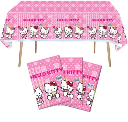 3PCS Kitty Birthday Tablecloth Decorations Plastic Waterproof Tablecloths Pink Cartoon Party Supplies for Boys Girls Fans Concert Birthday Party