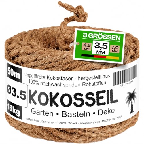 deli4you Kokosseil 3.5 mm x 50 m - Kokosstrick Seil Kokosgarn als Bindedraht natürlicher Pflanzenbinder Pflanzenband - Gräser zusammenbinden