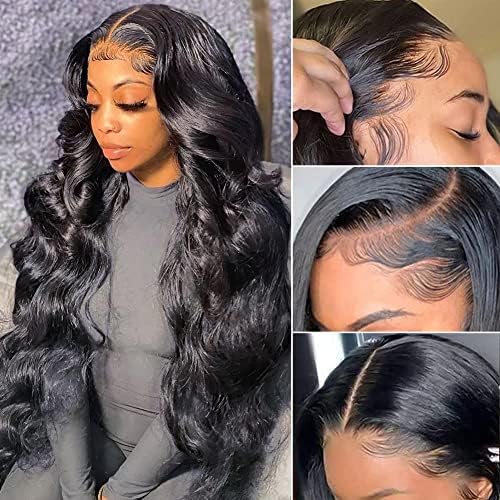 Pizazz 13x4 Transparent Lace Front Wigs Human Hair Pre Plucked with Baby Hair 180 Density Glueless Body Wave Frontal Wigs Human Hair with Natural Hairline(30 Inch)