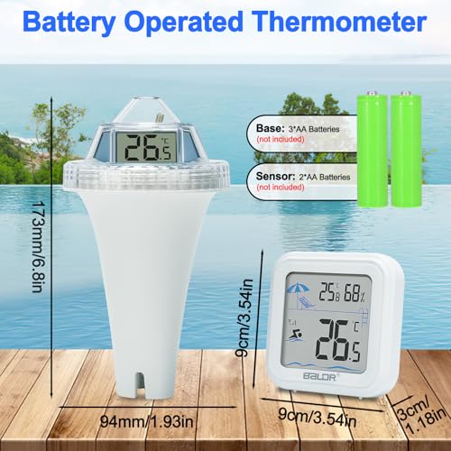Pool Thermometer Funk, Schwimmende Digital Poolthermometer IP67 Wasserdicht mit Drei große LCDs für 360° Sicht, Schwimmbad Thermometer mit Digitalem Innentemperatur Empfänger, Reichweite Bis Zu 100m