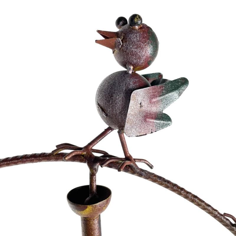 Tuteur Tige pour Plantes Motifs Oiseaux Mobile de Jardin Rotatif à Planter en Métal Patiné Coloré et Verre 9x71x163,5cm