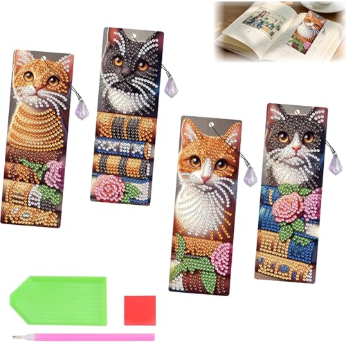 CAYUDEN 4pcs Cat Diamond Art Bookmarks, 5D DIY Animals Diamond Painting Bookmark Rhinestones Kit with Crystal Pendant Making Crafts Kits for Adult Book Reader Home Office Birthday Gifts Women