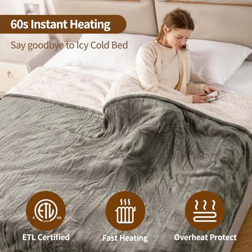 Bearhug Electric Blanket Full Size 77"x 84" Heated Blanket Throw Reversible Velvet& Sherpa Warm Blanket Gift 10 Heating Levels & 0.5-12H Auto Off, Over-Heat Protect, ETL, Machine Washable