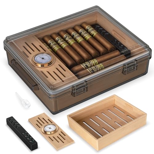AWOTE Acrylic Cigar Humidor Clear Cigar Box with Hygrometer Humidifier and Cedar Wood Tray Desktop Cigar Case Can Hold About 20-30 Cigars (Grey)