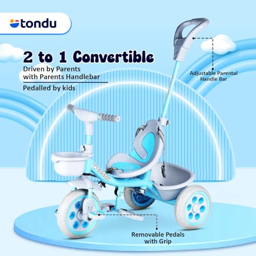 Image of TONDU Kiddo Tricycle for Kids /Baby with Storage Basket | Seat Belt with Parental Control Baby Tricycle (Blue)