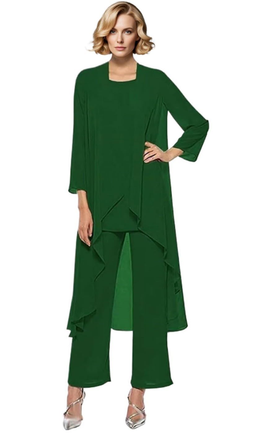 Women's Mother of The Bride Pant Suits 3 Pieces Chiffon Long Outfit Sets for Wedding Mother Pant Suit with Vest Dark Green