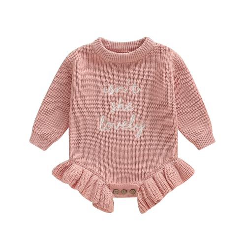 Image of Gueuusu Baby Girl Sweater Romper Long Sleeve Letters Embroidery Ruffle Bodysuit Jumpsuit Newborn Winter Clothes