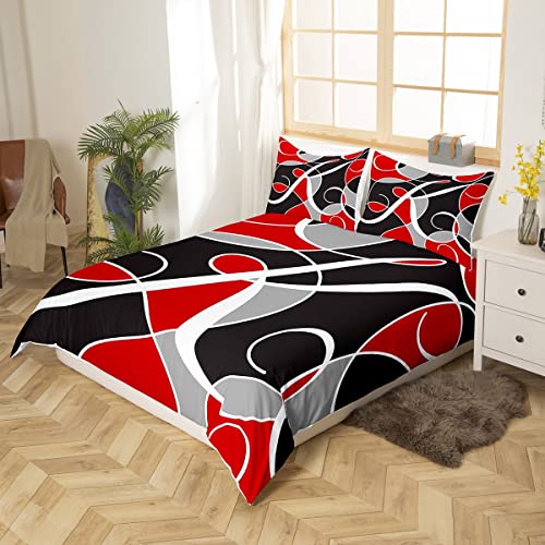 Geometric Duvet Cover Geometry Circle Bedding Set For Kids Boys Children Stripe Line Comforter Cover Set Ultra Soft Modern Abstract Art Luxury Red Black Grey Decor Bedspread Cover Full Size Zipper #TOP2