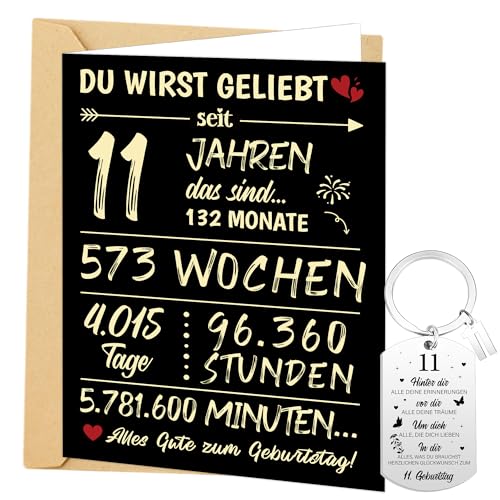 Geburtstagskarte 11. Geburtstag Junge Mädchen - 4 Stück Kreative Glückwunschkarte mit Umschlag und 11 Geburtstag Schlüsselanhänger Geschenke zum 11 Mann Frau, Schwarz Gold Geburtstagskarte 11. Geburtstag Junge Mädchen - 4 Stück Kreative Glückwunschkarte mit Umschlag und 11 Geburtstag Schlüsselanhänger Geschenke zum 11 Mann Frau, Schwarz Gold