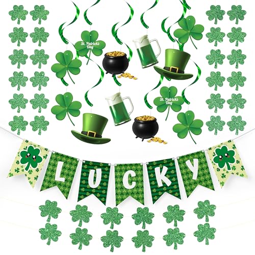 4E's Novelty 19 Pack St. Patricks Day Decorations Kit, 1 Lucky Banner, 6 Shamrock Garlands, 12 Hanging Swirls with Cutouts Cardstock for St Patricks Irish Party Outdoor Indoor Party Supplies by 4E's Novelty - Used condition - US$11.19