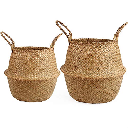 BlueMake 2Pack Woven Seagrass Belly Basket for Storage Plant Pot Basket ,Laundry, Picnic Basket (Medium+Large)
