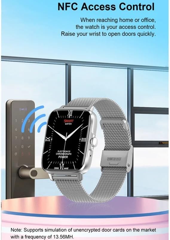 Smartwatch with a metallic strap being used for NFC access control on a digital door lock.