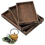 Wood Serving Tray with Handles,Set of 3(Large, Medium and Small) Christmas Serving Platters and Trays for Party, Food and Tea.Wooden Decorative Trays for Coffee Table.Rustic Couch Tray,Brown.