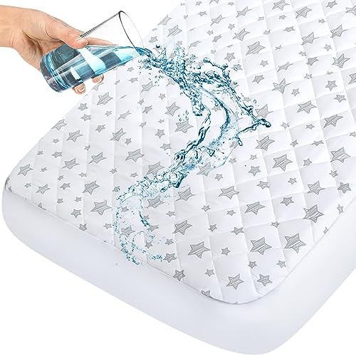 Image of Crib Mattress Pad Protector Waterproof, Quilted Crib Mattress Pad Cover 52'' x 28'' Extra Soft Breathable Toddler Bed Cover Fitted Crib/Toddler Mattress Stretch Up to 8", White Star