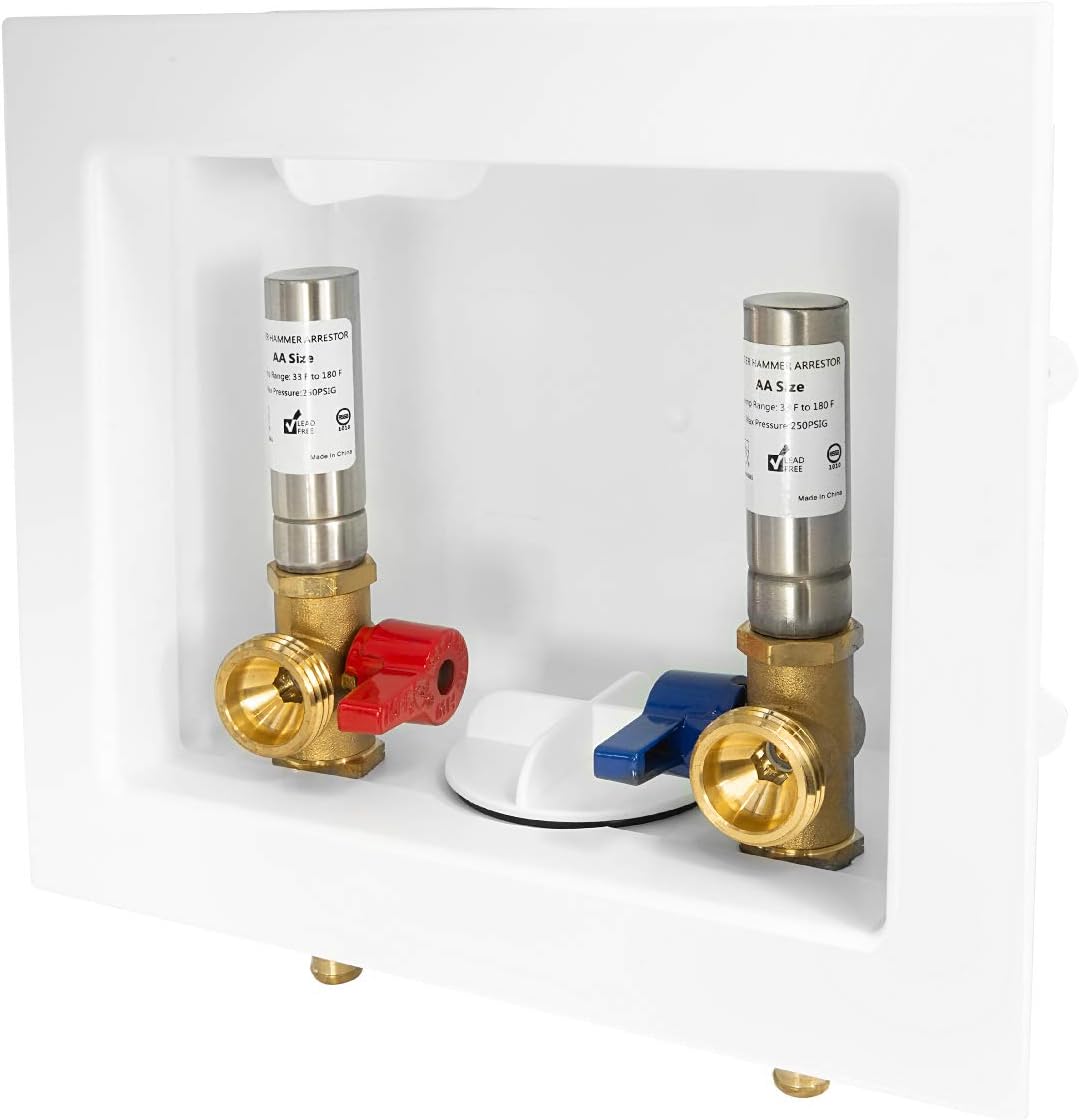 EFIELD Washing Machine Outlet Box with Center Drain 1/2-inch Push-Fit White, with Stainless Water Hammer Arrestor,(WM010)