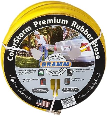 Dramm ColorStorm Premium Rubber Garden Hose – 25 ft Heavy Duty 5/8" Water Hose – Kink Resistant, Crush-Proof Nickel-Plated Couplings – Made in USA - Yellow