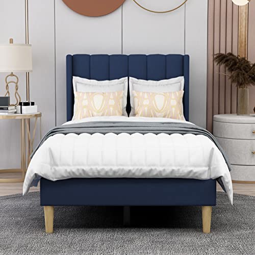 Image of AGARTT Upholstered Platform Bed Frame Twin Size, Blue Velvet