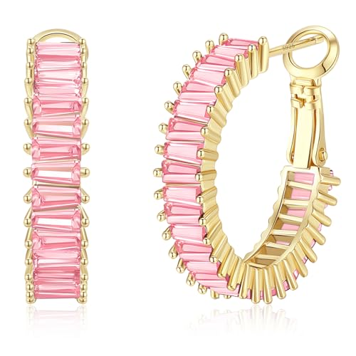 GLOQUAT Baby Pink CZ Hoop Earrings 14K Gold Plated Light Pink Hoops for Women 925 Sterling Silver Post Vintage Baguette Cubic Zirconia Earrings Trendy Gold Pink Round Circle Hoops Jewelry 25mm