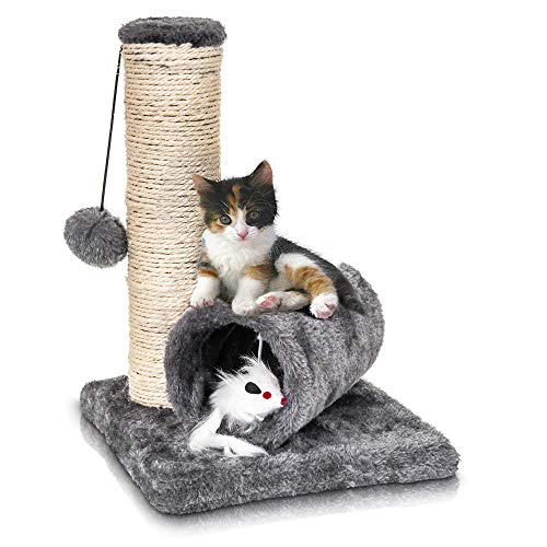 Petlicity ® Cat Tree Scratch Post and Tunnel - Small Cat Kitten Sisal Scratch Post Toy with Tunnel Play Mouse Pet Activity Centre Bed Sharpen Claws Fur for your Furry Friend (Grey)