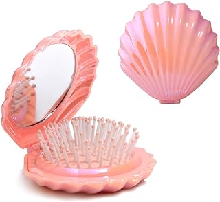Metallic Shinning Finish Foldable Travel Hair Brushes with Mirror Shell Shape Portable Folding Pocket Hair Brush Mini Hair Comb Compact Size Hair Massage Comb (Pink)
