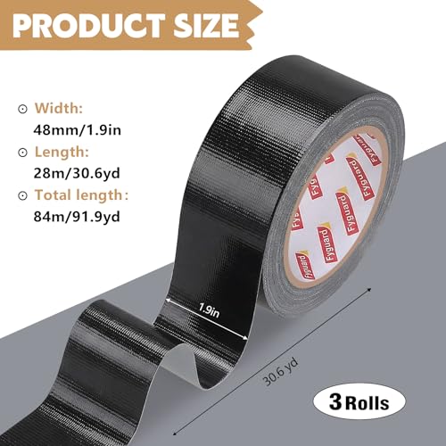 Fyguard 3 Rollen Panzertape Schwarz, 48mm x 28m Schwarzes Gafferband 210μ Wasserdichtes Panzerband Rückstandsfrei für Verschiedene Oberflächen, Reparatur Befestigung Verstärkung (84m insgesamt)
