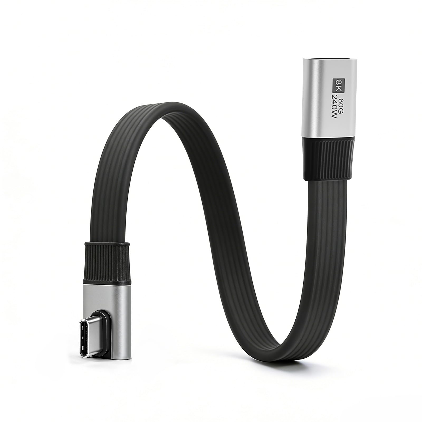 Duttek 80Gbps L字 USB Type-C 延長充電ケーブル 20CM、L字型240W USB-C オスメス 延長ケーブル 240W PD高速充電、8K@60Hz 映像出力、80Gbpsデータ転送対応、USB 4.0 E-Markerチップ搭載