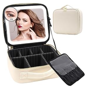 Reisekosmetiktasche mit beleuchtetem Spiegel, unterteilbare Kosmetiktasche Kosmetiktasche mit 3 Farbmodi dimmbaren Lichtspiegel, wasserdichte PU Leder Make up Organizer Tasche