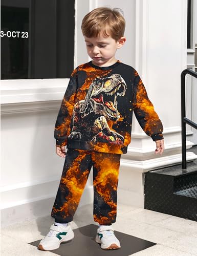 Image of Boys Clothes, T-Rex Print Dinosaur Boy Clothes Fall Winter Outfits Long-sleeved Hooded Sweatshirt Pants 2Pcs Set