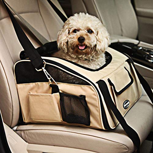 Pettom Pet Car Seat Carrier Airline Approved for Dog Cat Lookout Pets up to 15 lbs (Small, Khaki)
