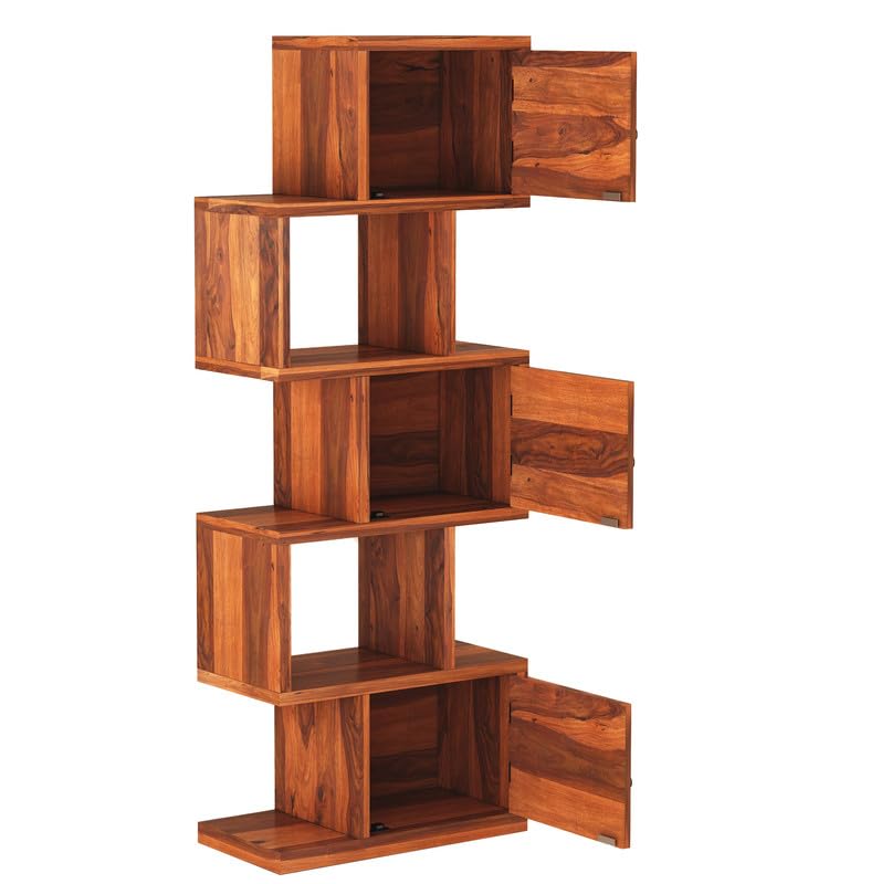 Image of Solid Sheesham Wood 5-Layer Ladder Bookshelf with Zig-Zag Design with 2 Open Shelves & 3 Rattan Wicker Door Storage | Display Cabinet Floor Standing Bookcase for Office, Library (Honey Finish)