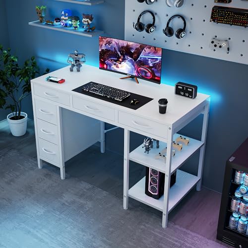 Sweetcrispy 47" Computer Desk with 6 Drawers, Home Office Gaming Desks with Storage Shelves for Bedroom, Writing Study Corner Living Room Work Table White - Image 5