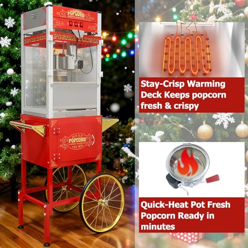 Image of 28 OZ Commercial Popcorn Machine with Cart - Stainless Steel Kettle Popper with Wheels, Warming Deck & Tempered Glass, for Business, School, Corporate, Theater, Home Use, Red