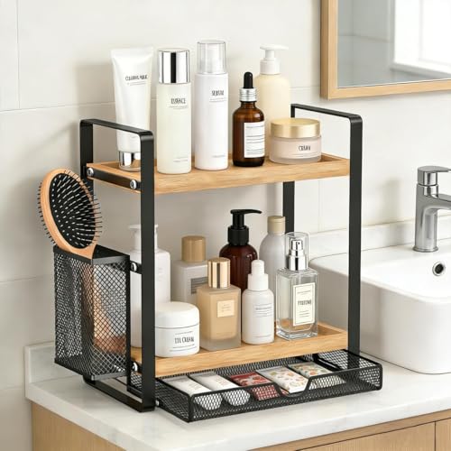 Harnidipa 2-Tier Kitchen Storage & Organisation Rack - Black Countertop Organizer with Drawer, Basket for Spice, Tea, and Coffee Supplies - Image 7