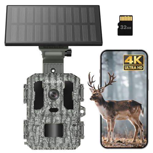 Misstech 4K UHD Solar Trail Camera for Game & Wildlife Monitoring - 0.1s Fast Activation to Record Animals, 64MP/4K Clear Night Vision, No Monthly Fee, App Control, IP66 Waterproof, 32GB SD Card