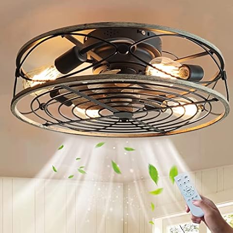 TRUYOK E27 Retro Deckenventilator Mit Beleuchtung und Fernbedienung Leise Fan Deckenleuchte Industrial Vintage Eisenkäfig Ventilator Deckenlampe Cover