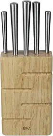 LUMAI Kit Porta Facas de Madeira com 5 Facas Inox com Faca do Chef, Santoku, Pão, Utilitária e Descascar, Cepo para Organização de Facas na Bancada da Cozinha