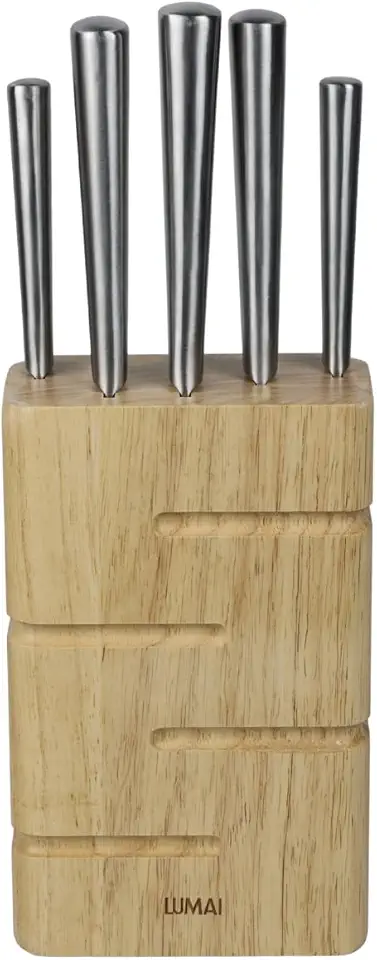 LUMAI Kit Porta Facas de Madeira com 5 Facas Inox com Faca do Chef, Santoku, Pão, Utilitária e Descascar, Cepo para Organização de Facas na Bancada da Cozinha