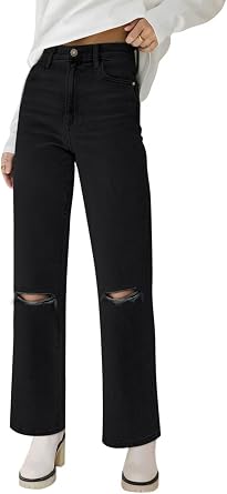 KDF Straight Leg Jeans for Women High Waisted Frayed Baggy Pants Stretchy Cropped Wide Leg Jeans