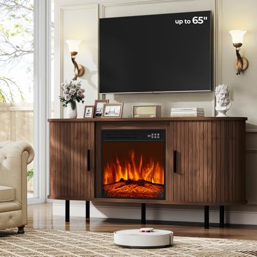 BREEZEHEAT 55" Fluted Fireplace TV Stand for TVs Up to 65'', Entertainment Center with Electric Fireplace, Curved Modern Design, Media Console Cabinet