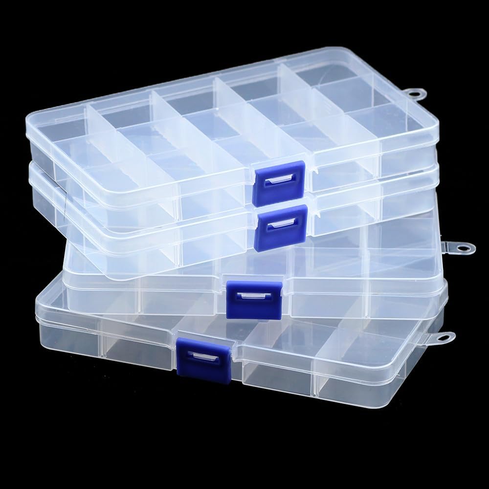 4 Pcs 15 Grids Clear Organizer Box Plastic Storage Container with Fixed Dividers Blue Buckle for Electronics Jewelry Beads Art DIY Crafts Small Parts Non-Adjustable Dividers