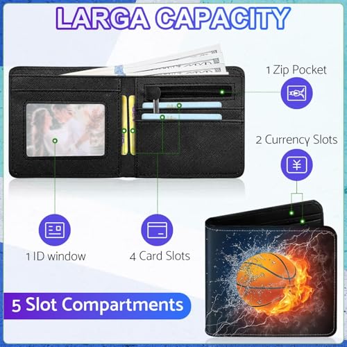 Image of Boys Wallet for Teens, Cool Kids Wallet for Boys Ages 8-10 9-12 11-15, Funny Basketball Leather Bifold Rfid Blocking, Coin Pocket Id Window for Teen Men Youth Guys Birthday Christmas Gifts