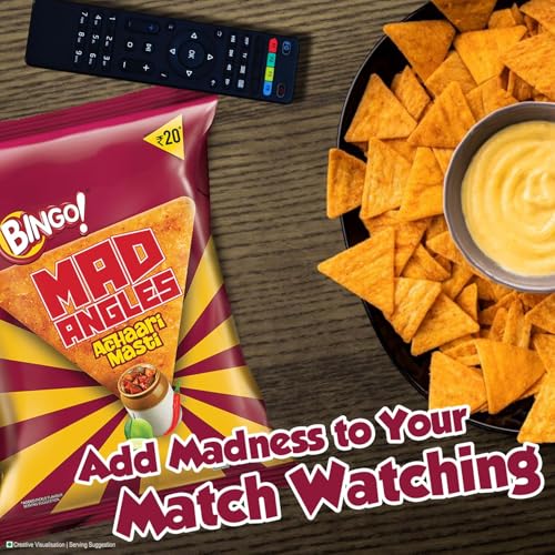 Image of Bingo! Mad Angles Achaari Masti - Desi Mango Pickle Flavour Crunchy Triangle Chips | Tasty Snack for Any Time Cravings, 64g /60g (weight May Vary) (Pack of 2)