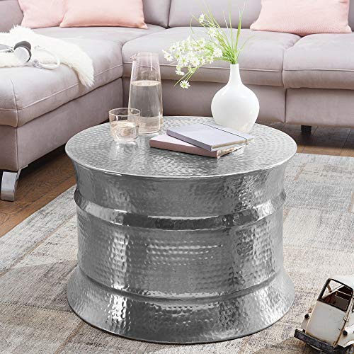 FineBuy Table Basse de Salon Argenté Aluminium Martelée 62x41x62 cm Metal Orientale | Petite Table de Canapé Ronde | Design Table d'appoint Moderne