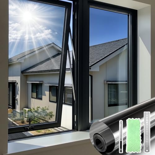 DARUITE One Way Window Film See Out Not in Privacy Film for Glass Windows, Mirror Window Film Non-Adhesive Static Cling, Reflective Anti-UV Window Tint for Home, Office（Black-silver，44.3x200cm）