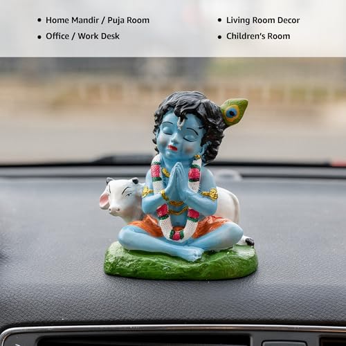 Image of Premium Bal Krishna Resin Idol for Car Dashboard, Home Temple & Office (7 x 6.5 x 4.5 cm) | Handcrafted Laddu Gopal Murti Showpiece for Vastu, Peace & Protection (Color: Blue)
