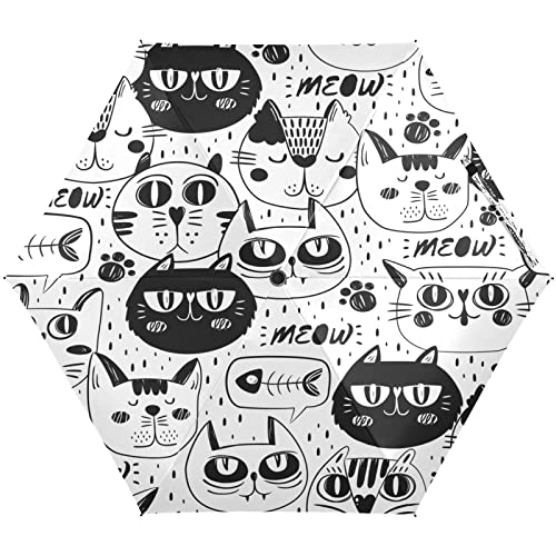 KAAVIYO Schwarz Weiße Katze Kätzchen Regenschirm UV-Schutz Taschenschirm Umbrella Klein Leicht Schirm Kompakt Schirme für Mädchen Reise Strand Frauen