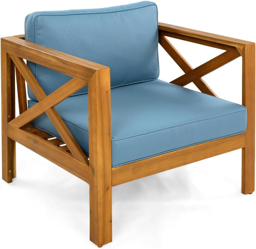 Outdoor Acacia Wood Club Wooden Armchair with Cushions (Set of 2), Conversation Set,Teak Finish,Beige Cushion (Blue + Teak + Acacia Wood + Fabric + Waterproof Fabric)