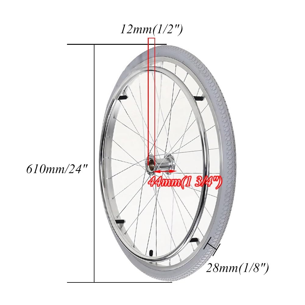 1 Par de Ruedas Traseras de Repuesto para Silla de Ruedas de 24 pulgadas, 24 x 1 3/8 Inflables Neumáticos, Rodamientos de 12 mm (1/2"), Accesorios Manuales para Silla de Ruedas