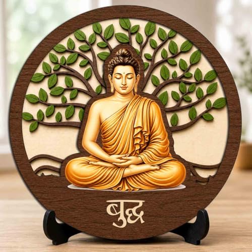 Image of Buddha Round Wooden Devotional Idol with Stand for Puja Room, Home Decor & Religious Gift - 5x5 Inch